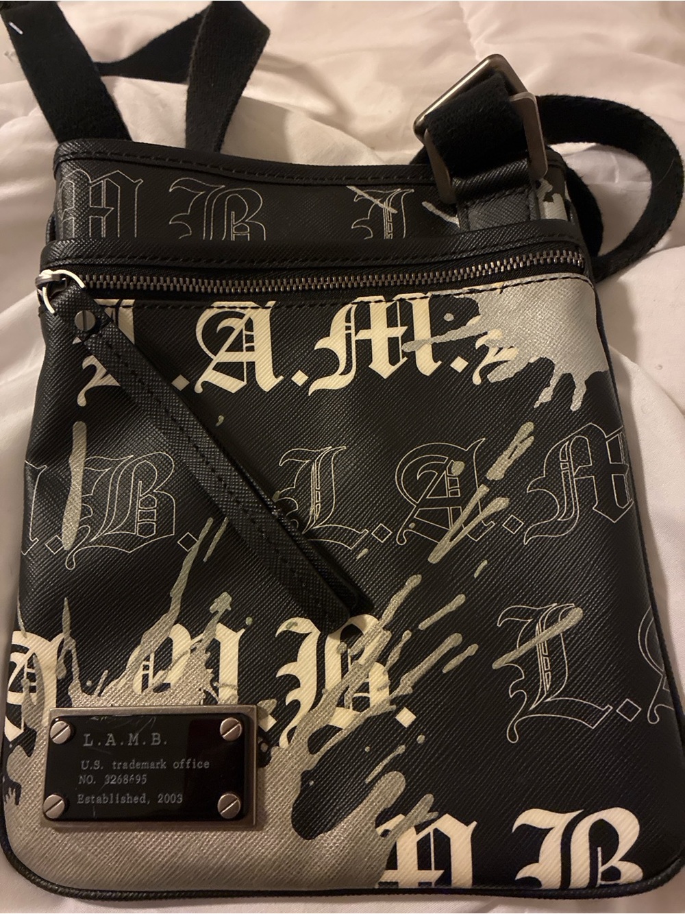 L.A.M.B. Black and Cream Graphic Crossbody Messenger Bag
